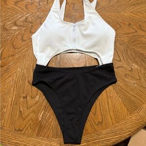 White and Black Zip-Front One Piece